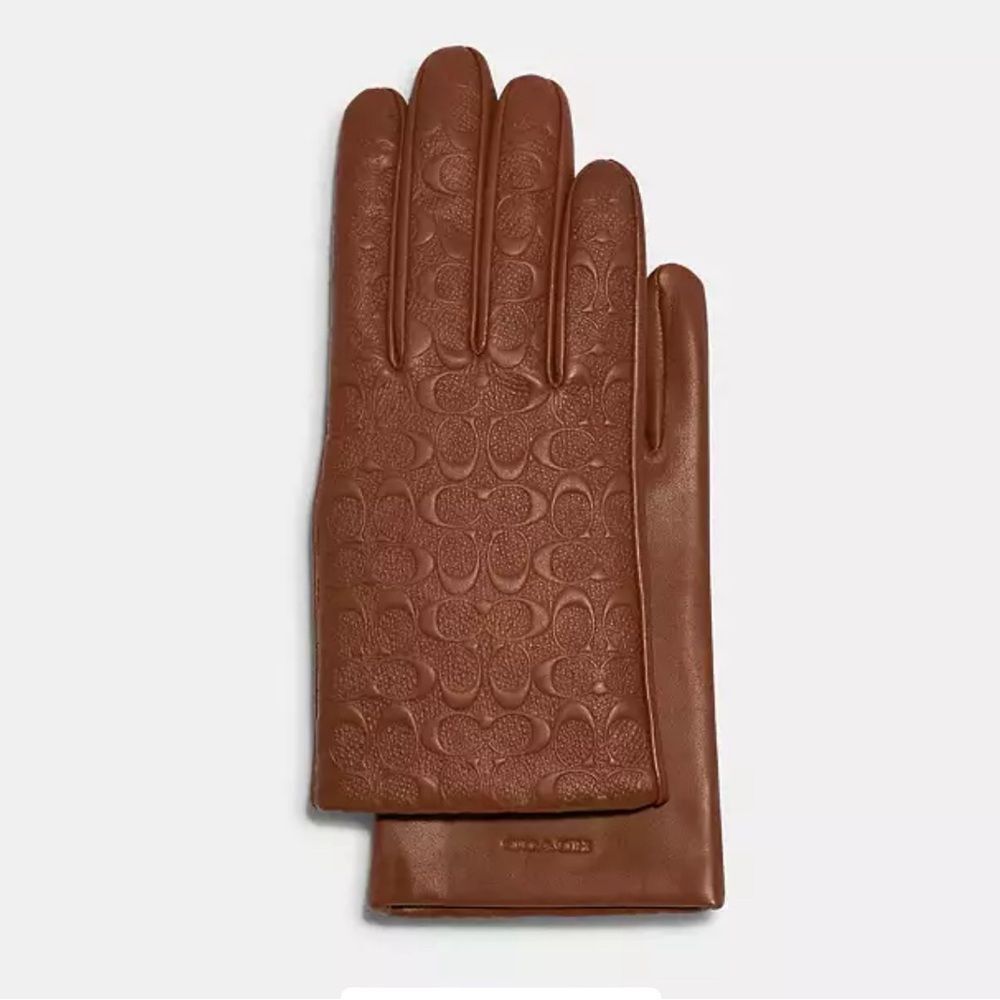 Coach Signature leather tech gloves, dark saddle color
